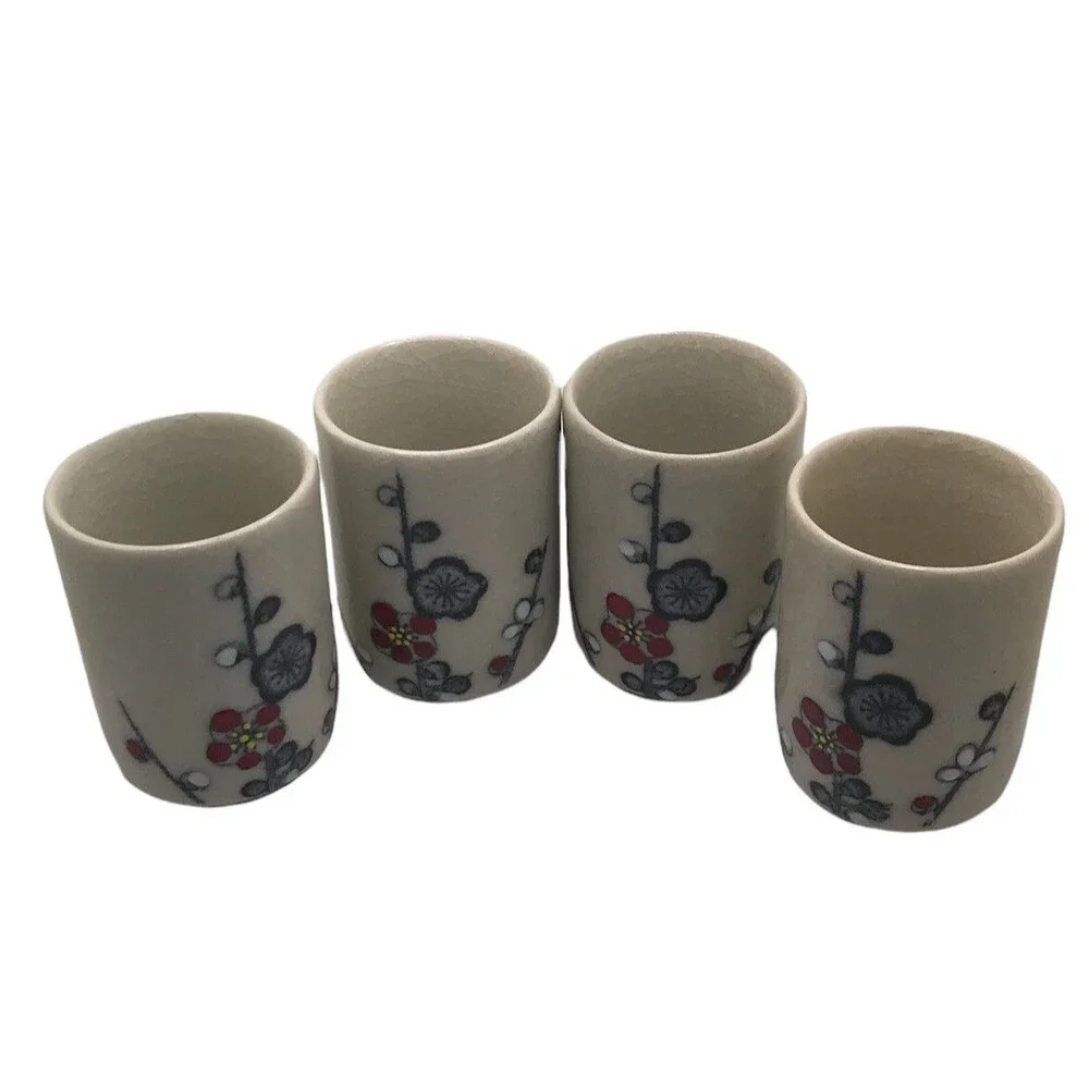Japanese Sake Cups Set of Four from Japan 3.5” Flower Red Gray White Black